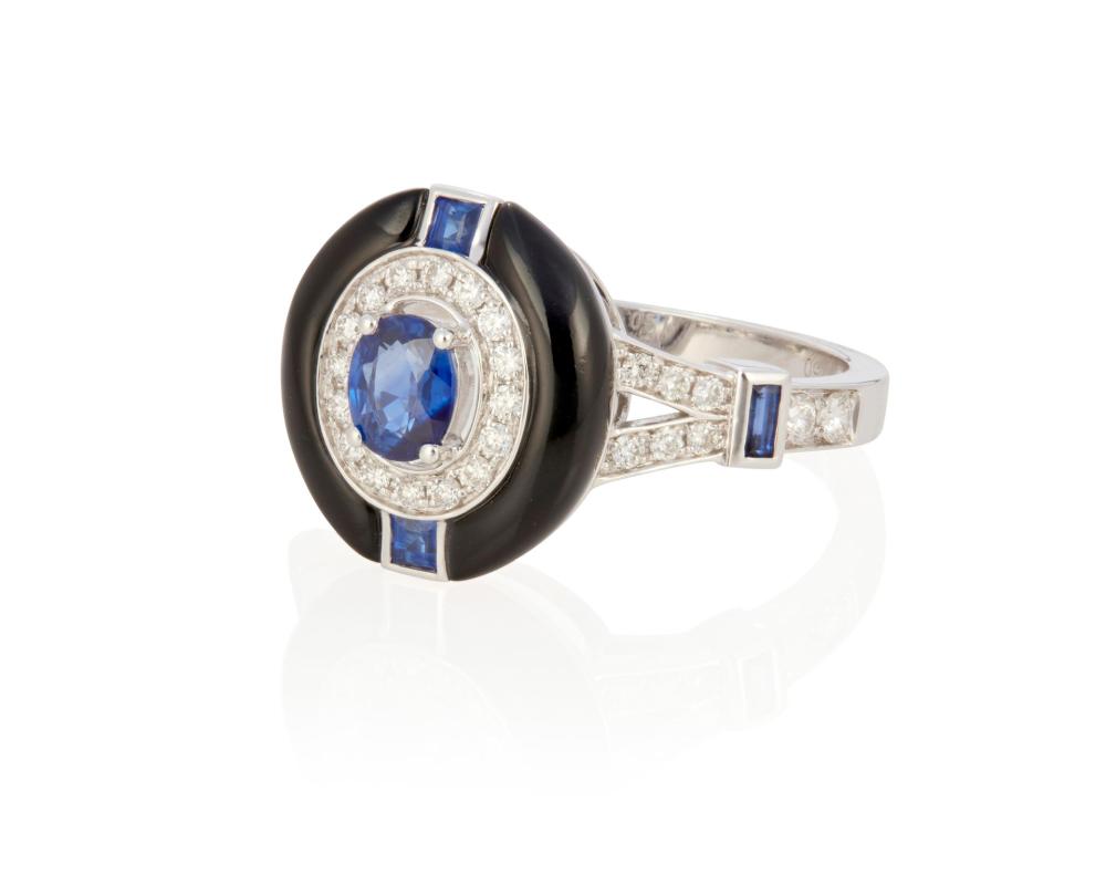 Appraisal: A SAPPHIRE DIAMOND AND ONYX RINGA sapphire diamond and onyx