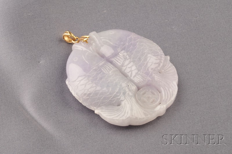 Appraisal: Lavender Jadeite Fish Pendant carved to depict twin carp motifs