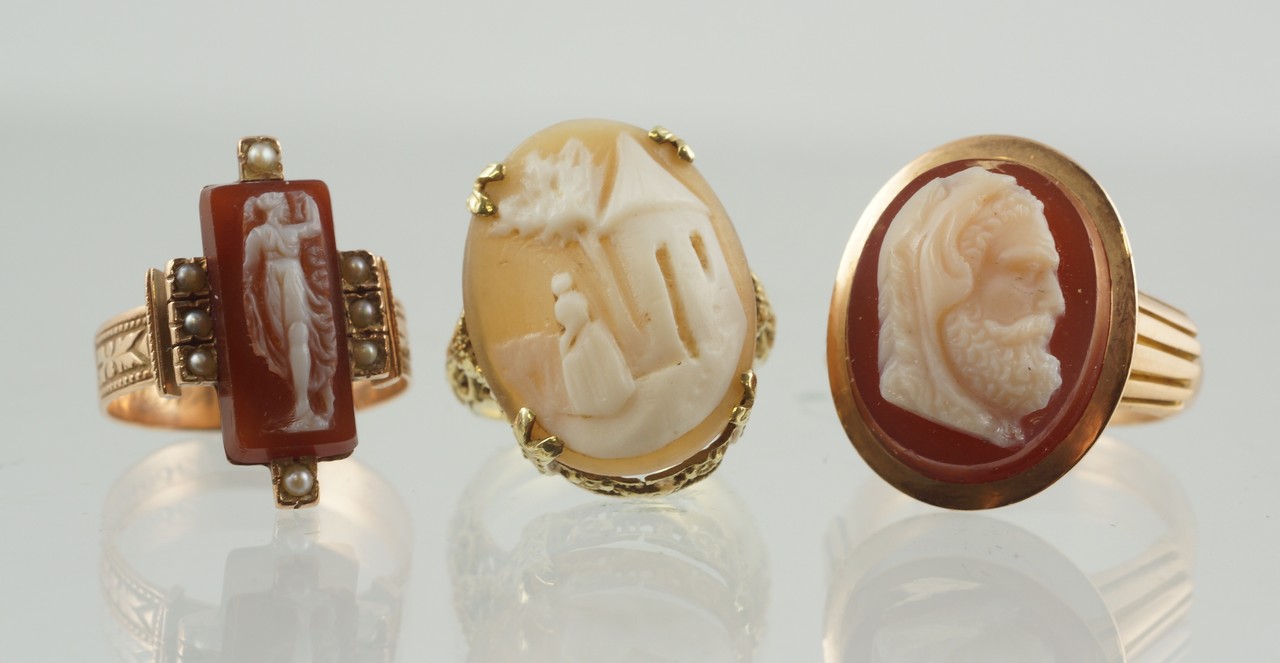 Appraisal: carved shell cameo rings stamped K YG unmarked tests gold