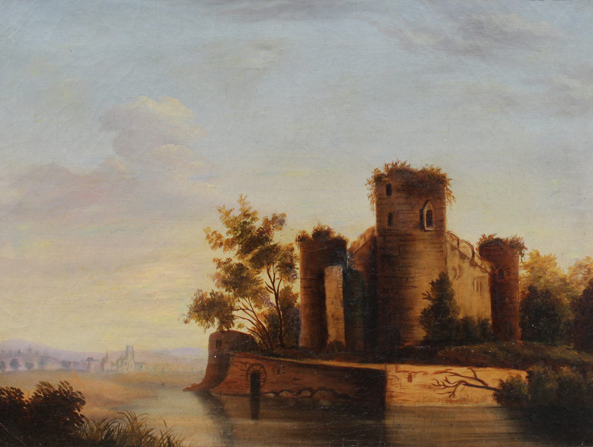 Appraisal: TH CENTURY ENGLISH PAINTING Landscape Depicts a Castle with Village