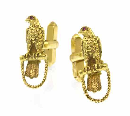 Appraisal: A Pair of Karat Yellow Gold and Ruby Falconry Cufflinks