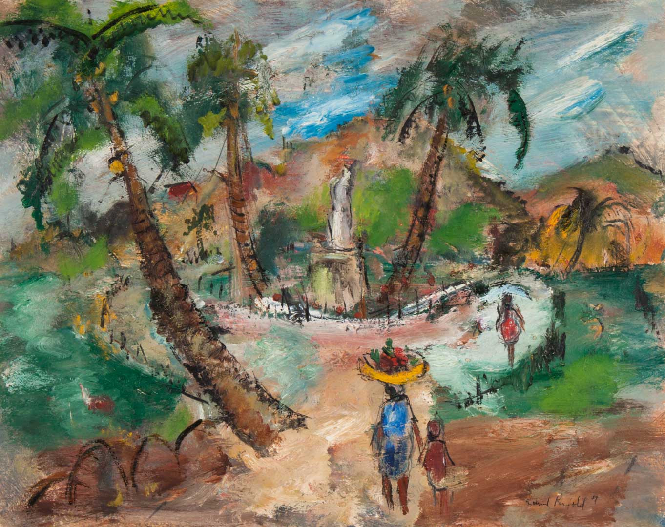 Appraisal: Edward Rosenfeld Tropical Village oil masonite American - Signed and