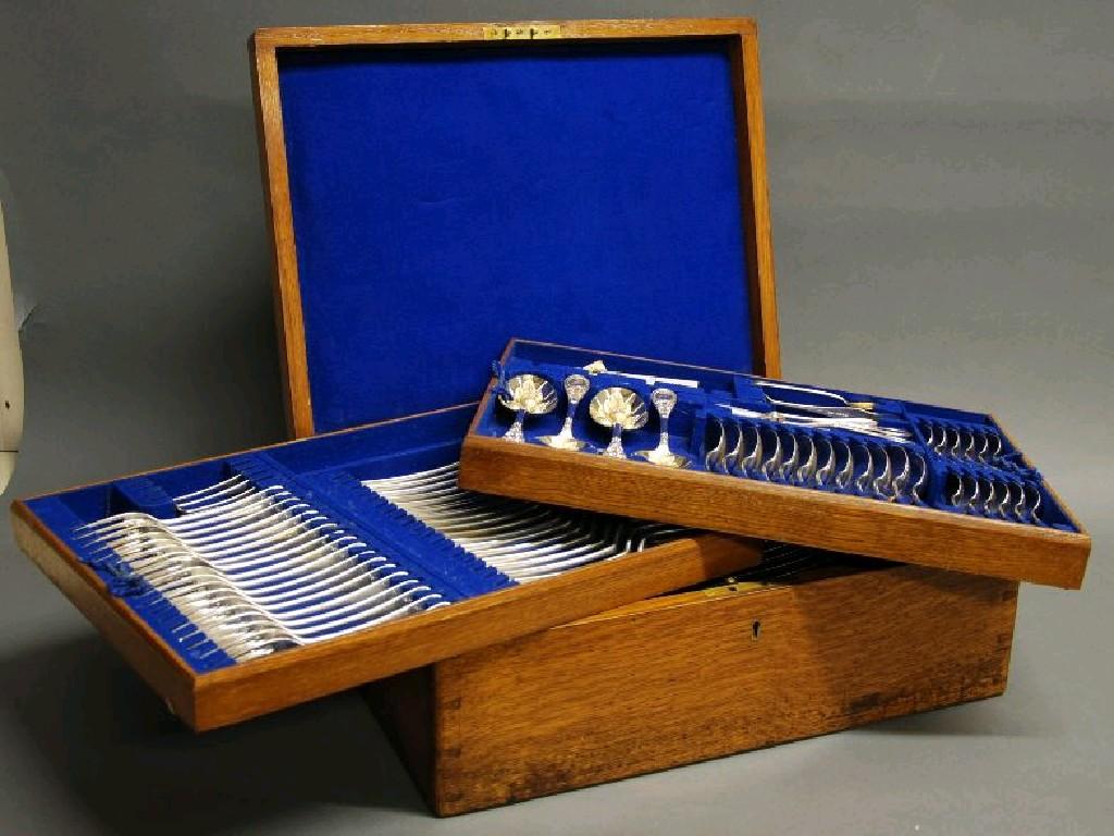 Appraisal: GOOD OAK CASED CANTEEN OF LATE VICTORIAN SILVER CUTLERY COMPRISING