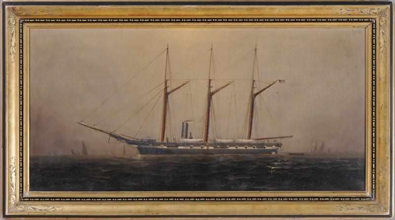 Appraisal: AMERICAN SCHOOL THREE-MASTED SHIP UNDERWAY Oil on canvas signed in