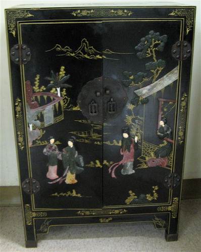 Appraisal: TWO CHINESE TWO-DOOR SIDE CABINETS both decorated with carved hardstone