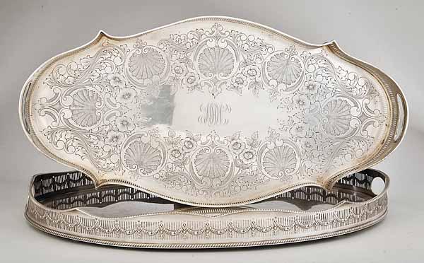 Appraisal: Two Sheffield Silverplate Galleried Trays oval with plain flat surface