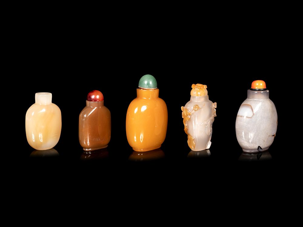 Appraisal: Five Chinese Hardstone and Glass Snuff Bottles Five Chinese Hardstone