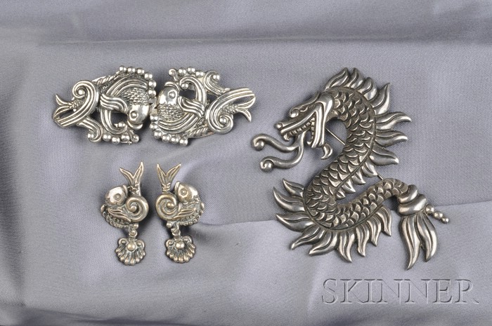 Appraisal: Group of Sterling Silver Jewelry Los Castillo including a dragon