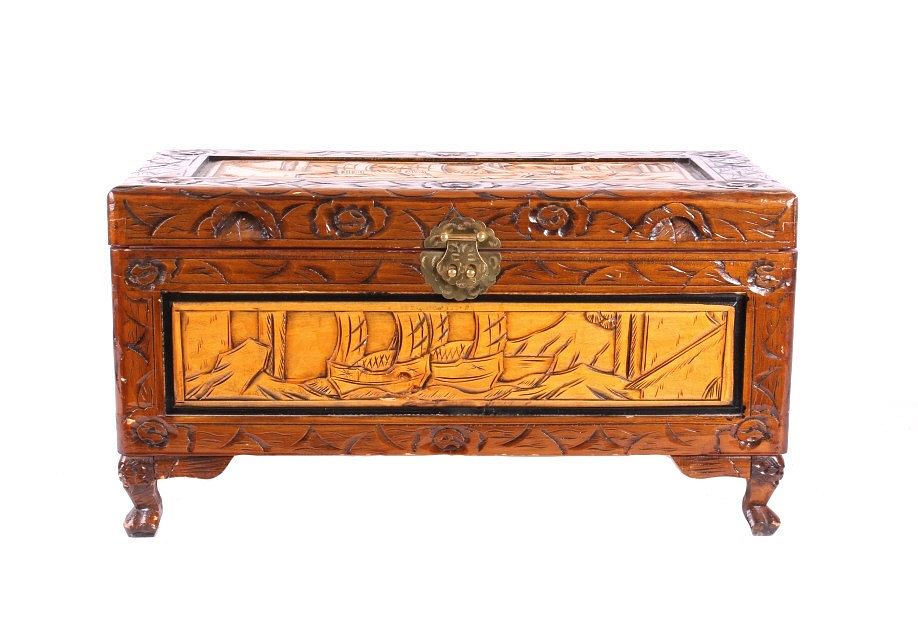 Appraisal: Hand Carved Pictorial Flat Top Wood Chest For your consideration