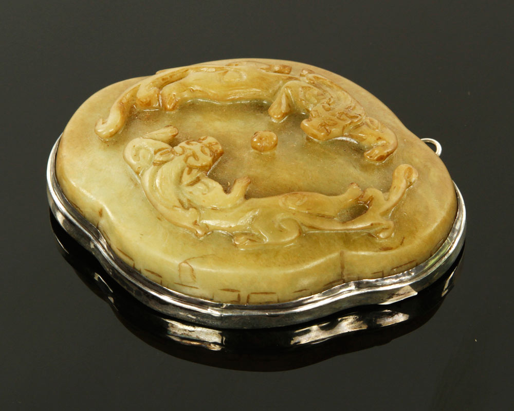 Appraisal: - Chinese Carved Jade Medallion Carved jade medallion with stamped