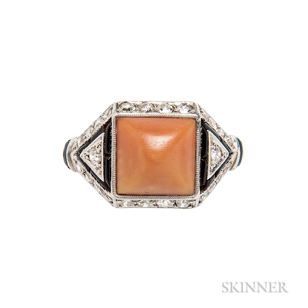 Appraisal: Art Deco Platinum Coral Onyx and Diamond Ring Art Deco