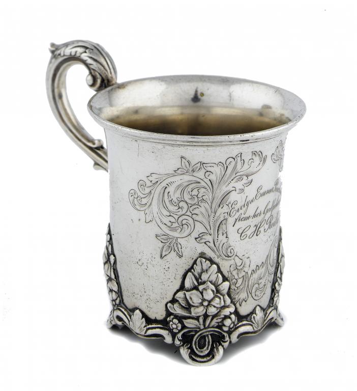 Appraisal: AN INDIAN SILVER CHRISTENING MUG of flared cylindrical shape engraved