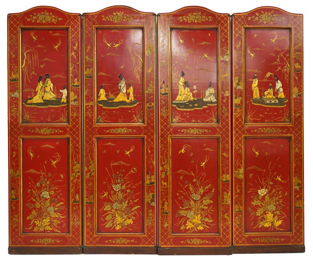 Appraisal: CHINESE RED GILT LACQUERED FOUR-PANEL SCREENhaving figural relief and floral