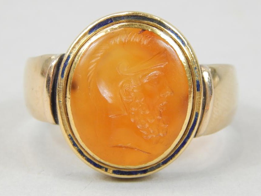 Appraisal: A gentleman's ct ring with stone intaglio g all in