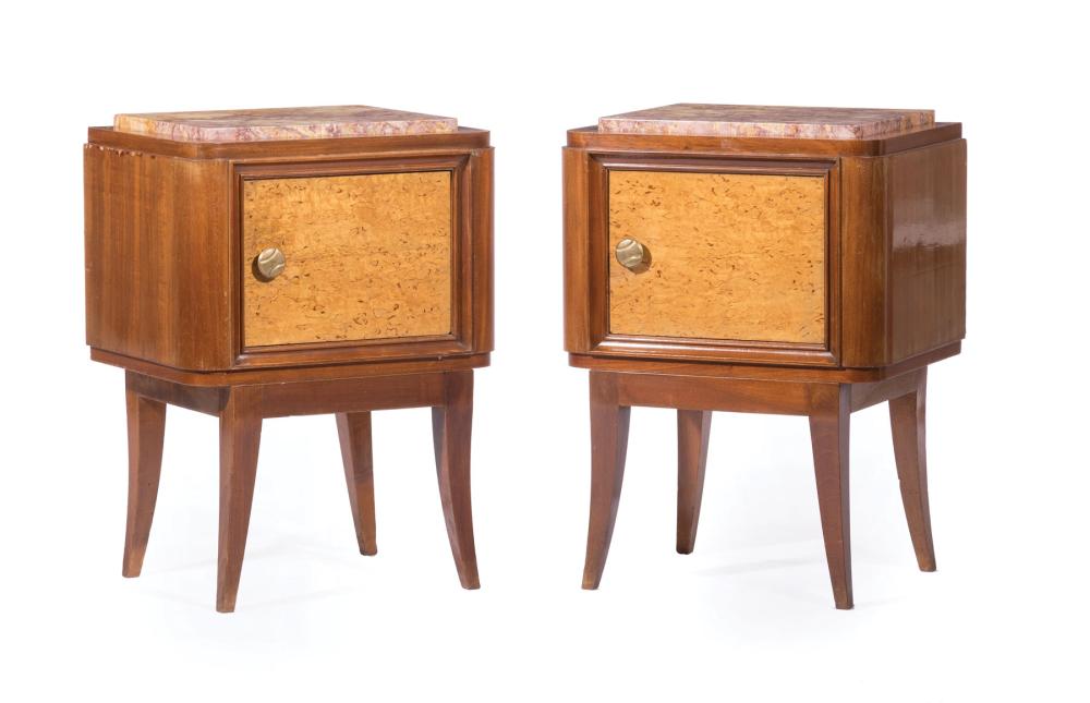 Appraisal: Pair of Art Deco Mahogany Cabinets inset marble top stepped