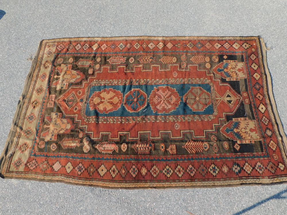 Appraisal: ANTIQUE KURDISH KAZAK RUG Antique Kurdish Kazak scatter rug with