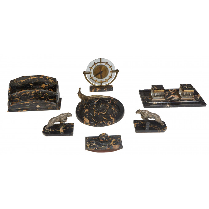 Appraisal: French Seven Piece Art Deco Marble and Bronze Desk Set