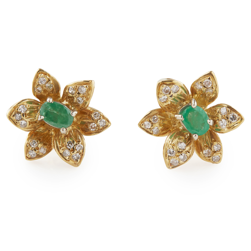 Appraisal: A pair of emerald and diamond set cluster earrings each