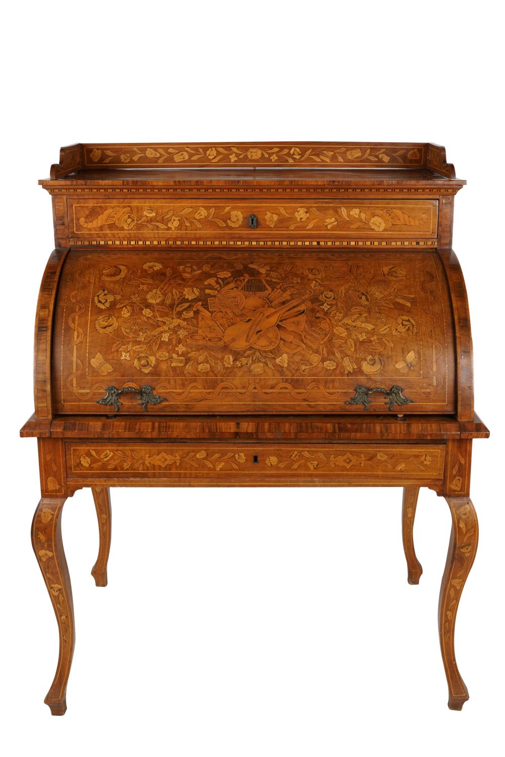 Appraisal: CONTINENTAL WALNUT MARQUETRY CYLINDER BUREAUthe retracting top enclosing two drawers