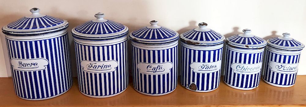 Appraisal: Six Piece Vintage French Blue and White Enamel Canister Set