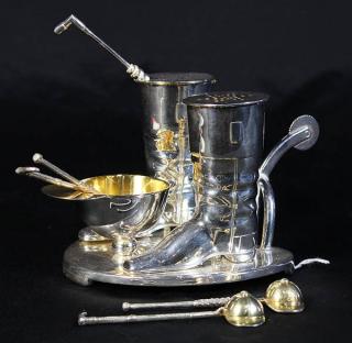 Appraisal: American silver plate figural jockey condiment set with four conforming