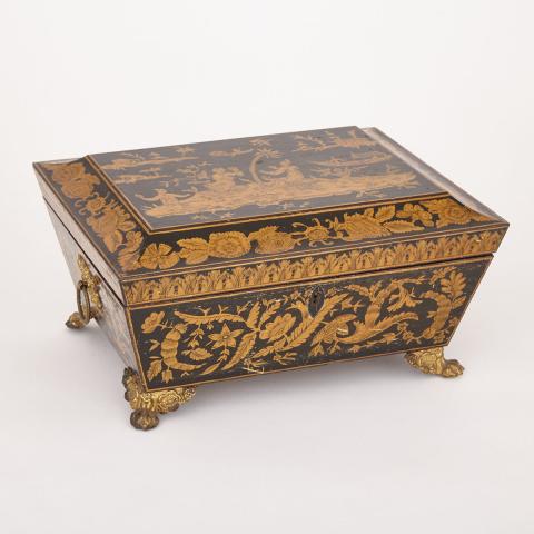 Appraisal: Regency Penwork Sycamore Work Box c with gilt metal mounts