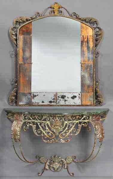 Appraisal: French wrought iron console table and mirror the table with