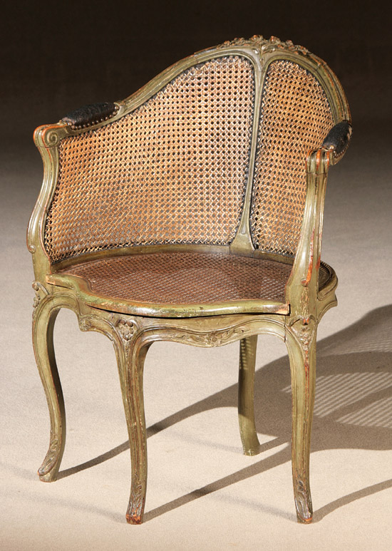 Appraisal: Louis XV Style Green Painted Beechwood Caned Berg re Late