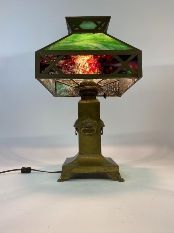 Appraisal: Arts Crafts brass table lamp with slag glass shade h