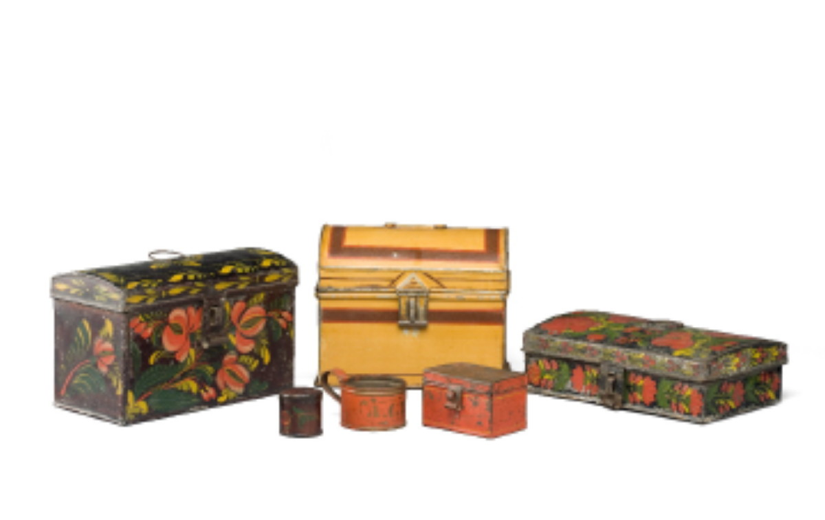 Appraisal: SIX PIECES OF AMERICAN PAINT-DECORATED TOLEWARE INCLUDING THREE DOME-TOP BOXES