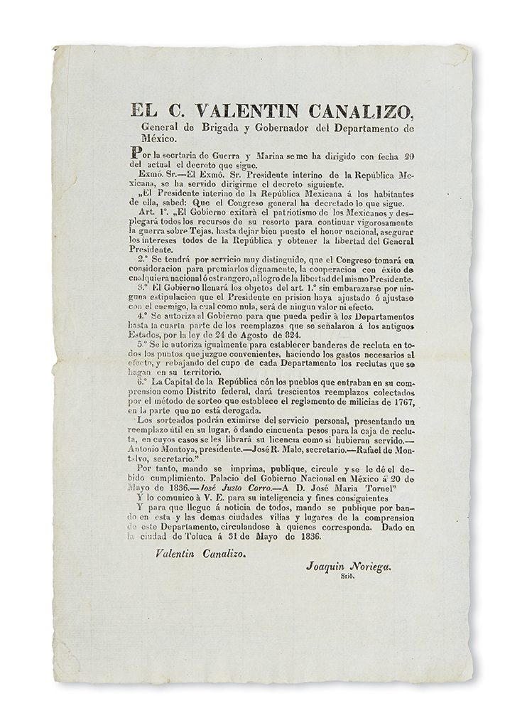 Appraisal: TEXAS Canalizo Valent n Mexican decree pledging to free Santa