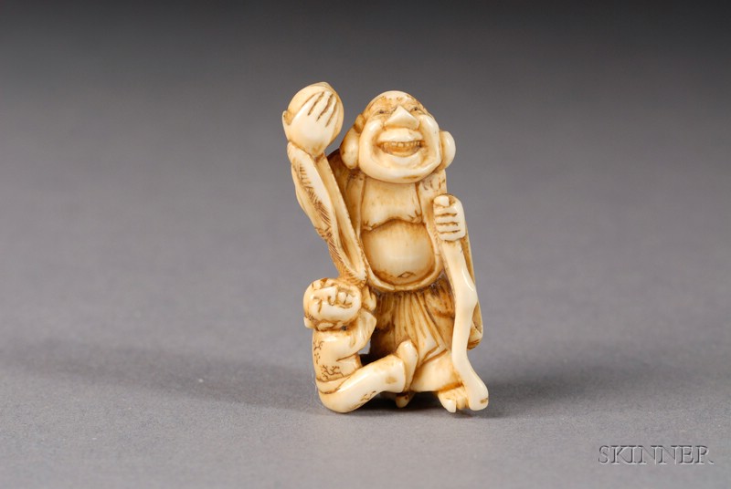 Appraisal: Ivory Netsuke th th century Hoitei with a staff holding