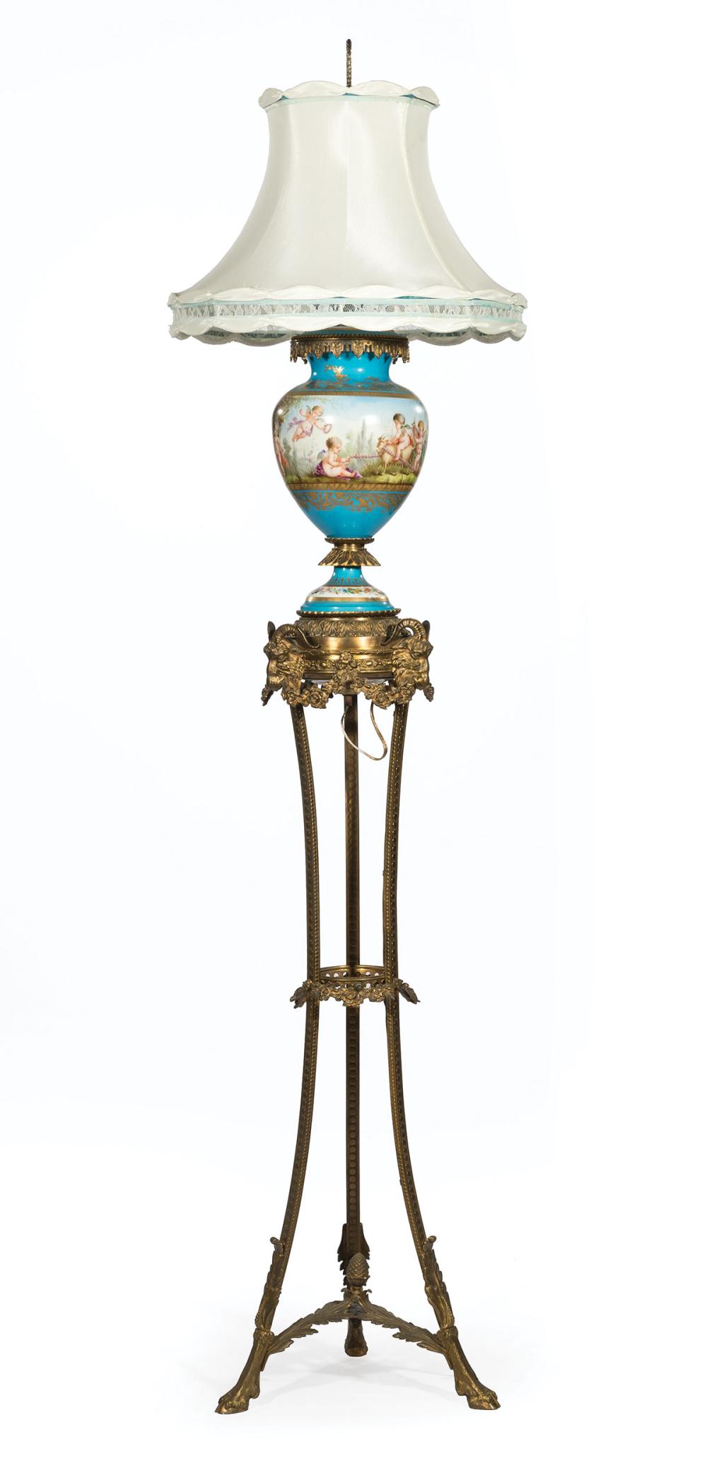 Appraisal: Gilt Bronze-Mounted Sevres-Style Porcelain Lamp Fitted on Gilt Metal Torchere