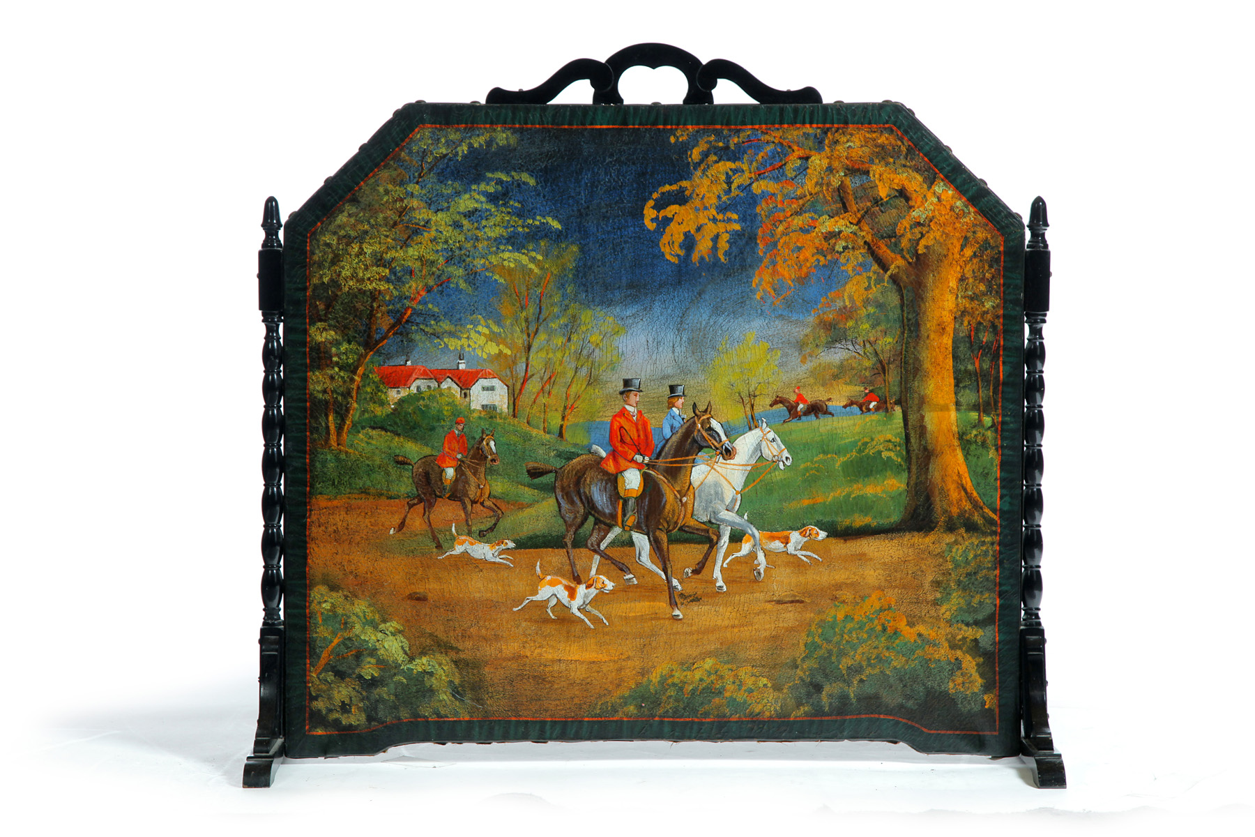 Appraisal: DECORATED LEATHER FIRE SCREEN WITH HUNT SCENE Second half- th