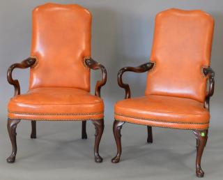 Appraisal: Pair of Queen Anne armchairs with leather upholstery Pair of