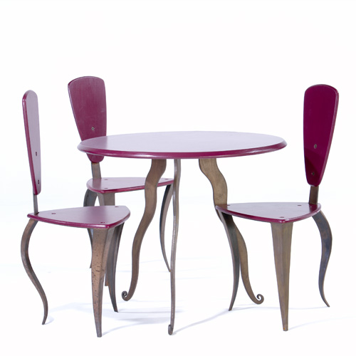 Appraisal: POST-MODERN Enameled wood and welded steel three-legged table and three