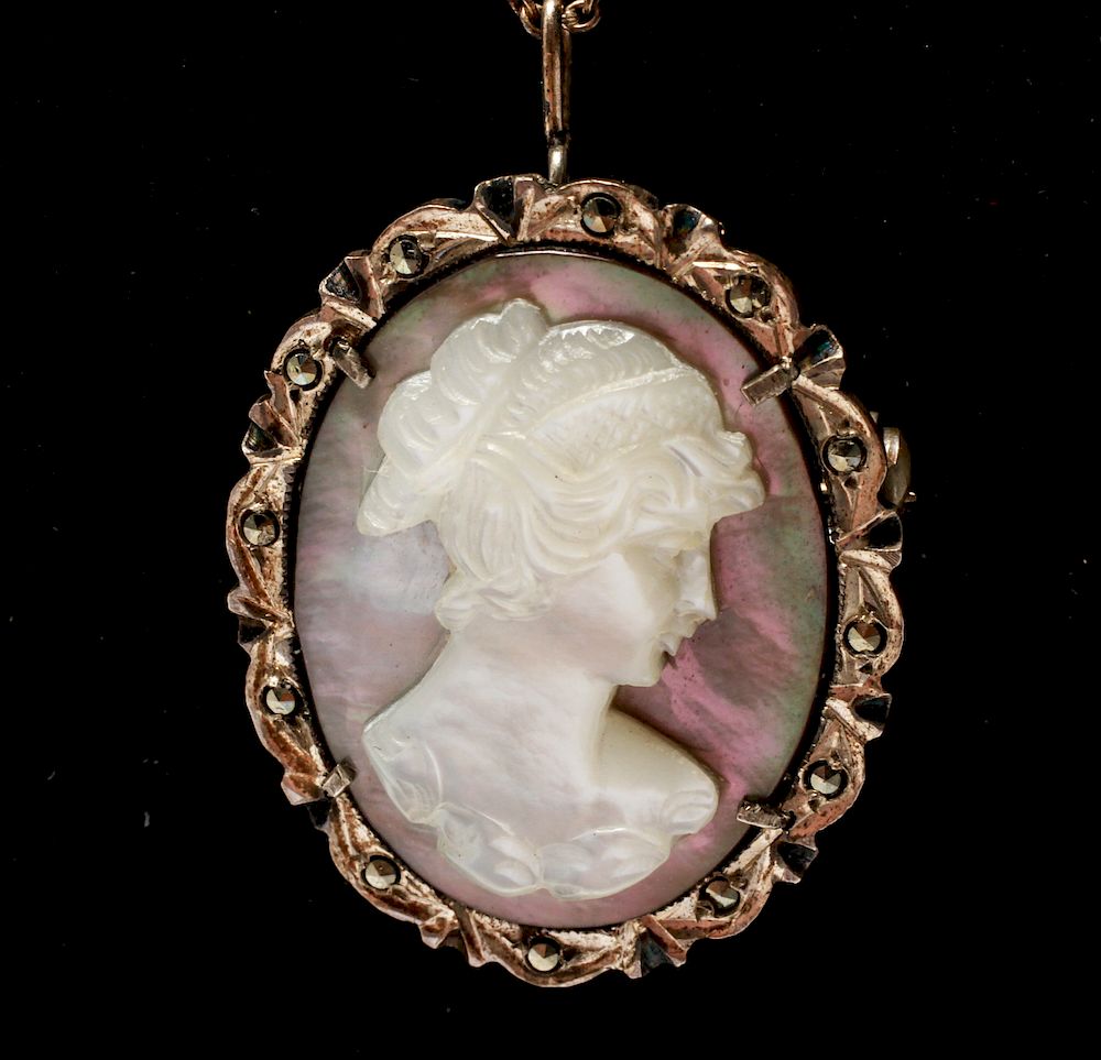 Appraisal: Silver Carved Cameo MOP Abalone Brooch Necklace Continental silver and