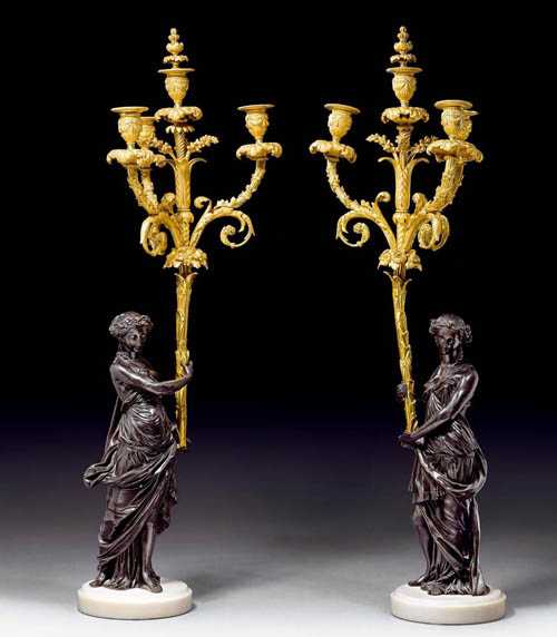 Appraisal: PAIR OF BRONZE AND MARBLE CANDELABRAS AUX FEMMES late Louis