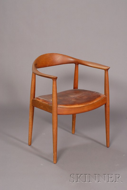 Appraisal: Hans Wegner Armchair Oak and leather Johannes Hansen Copenhagen Denmark