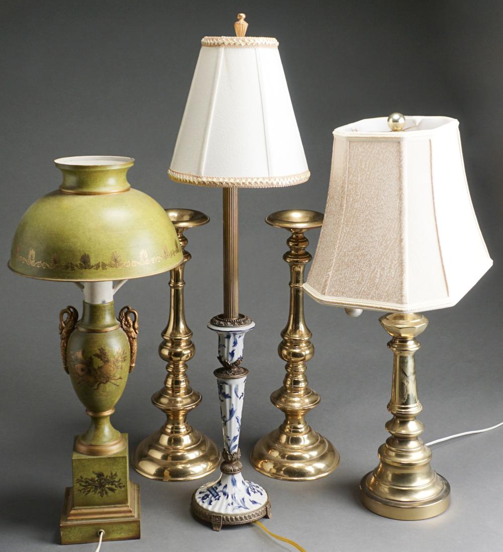 Appraisal: THREE ASSORTED TABLE LAMPS WITH PAIR PATINATED METAL LAMP POSTS