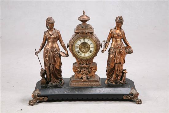 Appraisal: MANTLE CLOCK Large spelter clock flanked by two classical figures