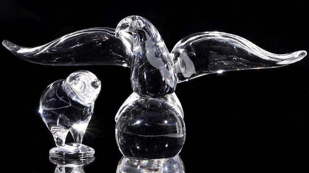 Appraisal: STEUBEN CRYSTAL FIGURES OF EAGLE AND CHICK Circa Engraved signatures