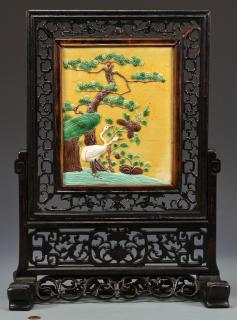 Appraisal: Chinese Table Screen w Sancai Plaque Chinese Scholar's hardwood table