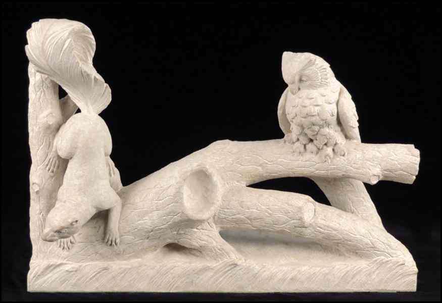 Appraisal: HENRY LIVA AMERICAN TH CENTURY OWL AND SQUIRREL Carved limestone