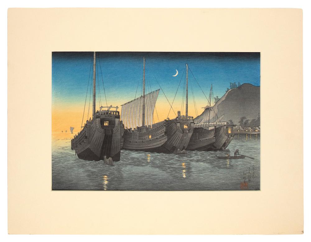 Appraisal: TAKAHASHI SHOTEI JAPAN - JUNKS IN INATORI BAY WOODBLOCK PRINT