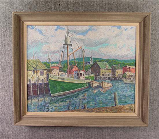 Appraisal: Oil on Canvas Wharf Scene With village and sailboat Bright