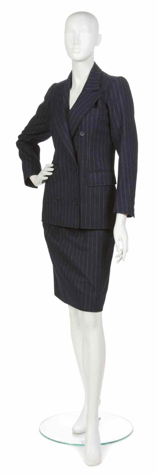 Appraisal: An Yves Saint Laurent Navy Wool Pinstripe Skirt Suit Labeled