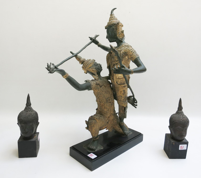 Appraisal: THAI BRONZE FIGURAL GROUP AND TWO BRONZE HEADS the bronze