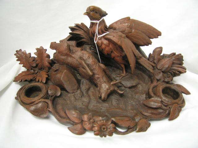 Appraisal: Black Forest Victorian Carved Wooden Inkstand game decor with pheasant