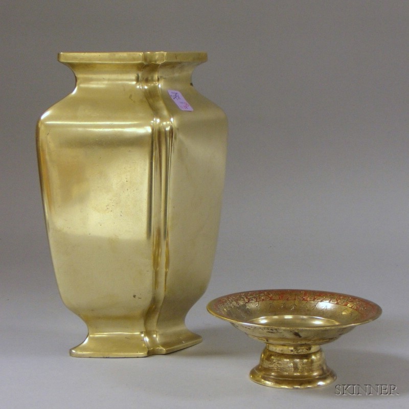 Appraisal: Asian Brass Vase and a Small Paint-decorated Small Brass Tazza